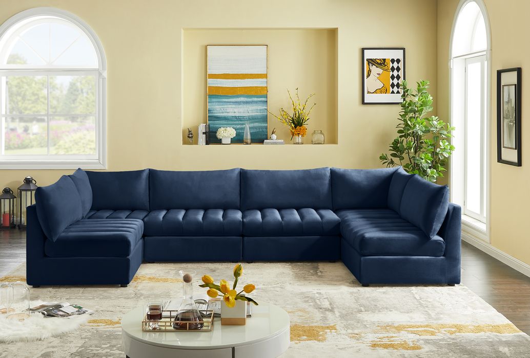 Meridian Furniture - Jacob 140" Navy Velvet Upholstered 6pc. Sectional - 649Navy-Sec6B - GreatFurnitureDeal