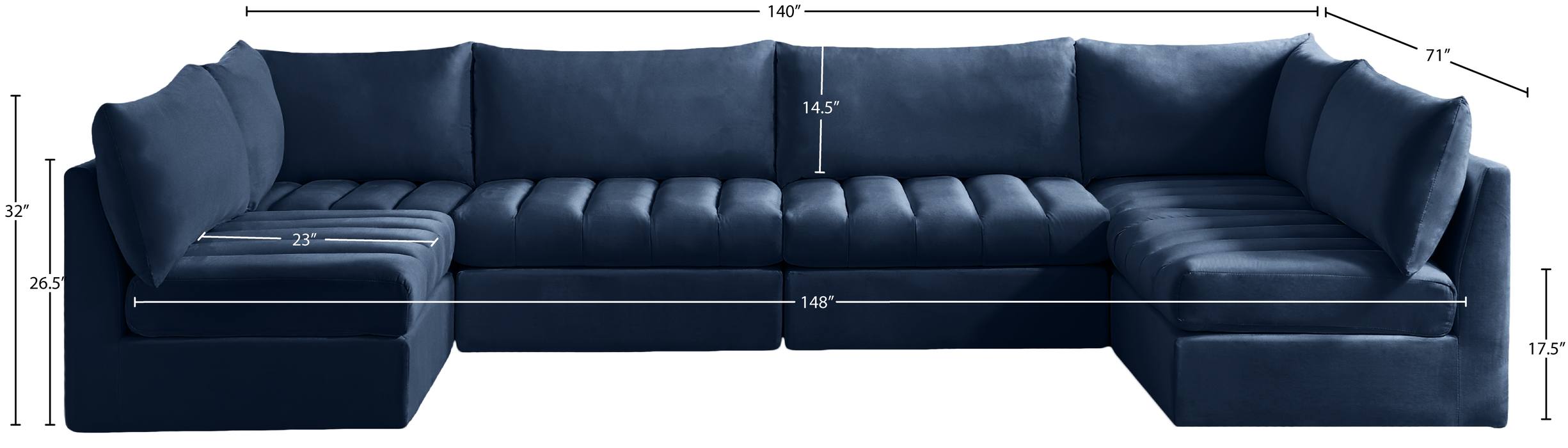 Meridian Furniture - Jacob 140" Navy Velvet Upholstered 6pc. Sectional - 649Navy-Sec6B - GreatFurnitureDeal