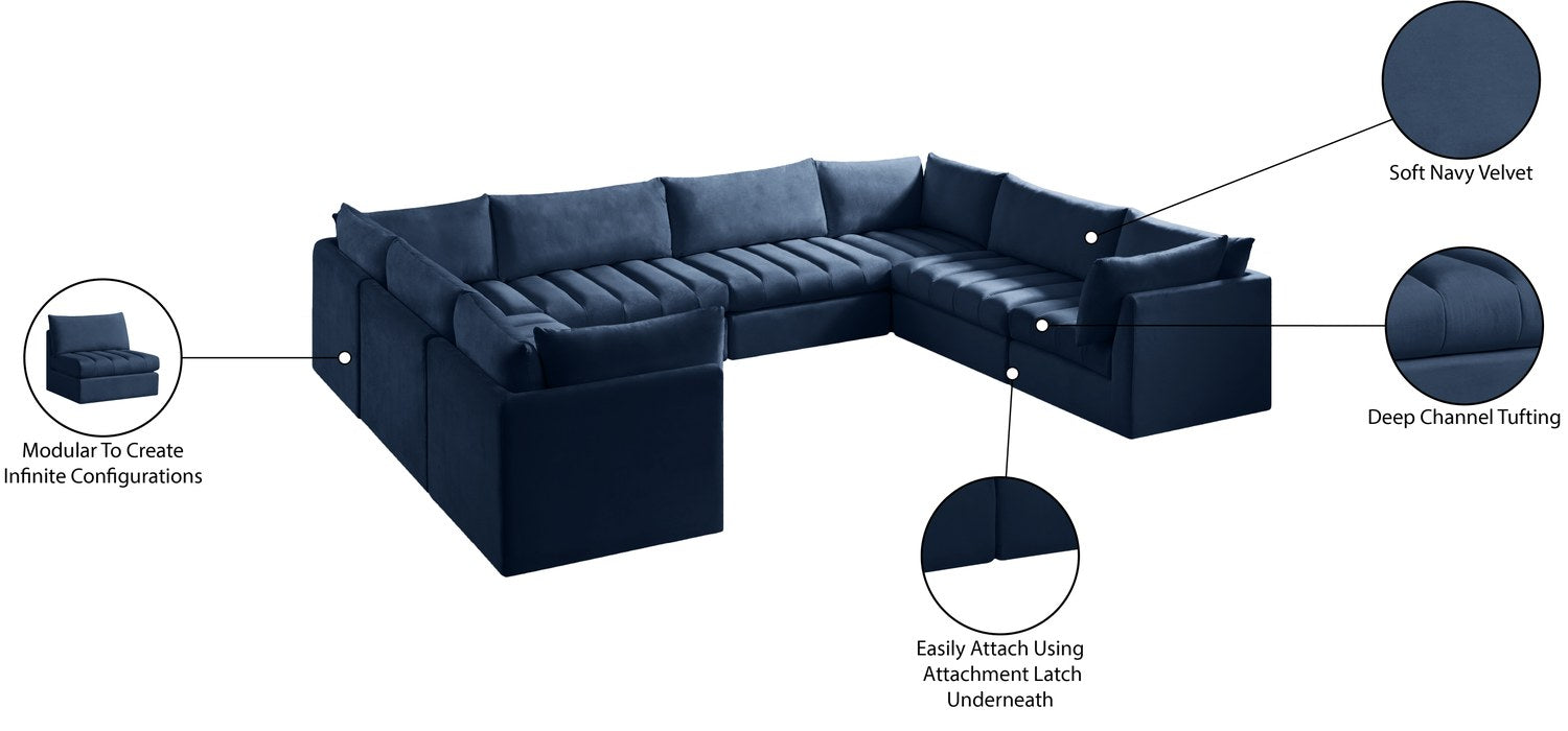 Meridian Furniture - Jacob 140" Navy Velvet Upholstered 8pc. Sectional - 649Navy-Sec8A - GreatFurnitureDeal