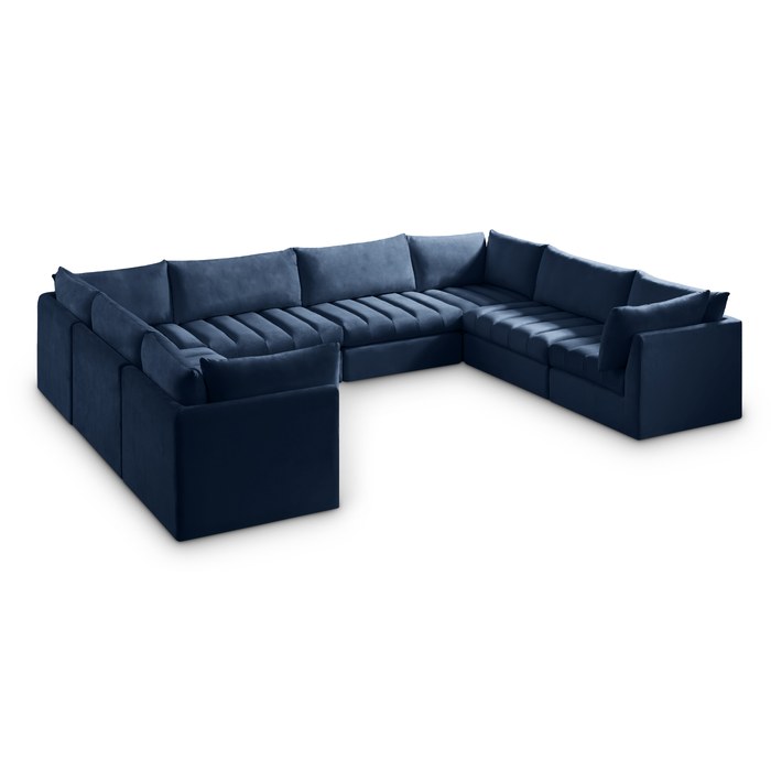 Meridian Furniture - Jacob 140" Navy Velvet Upholstered 8pc. Sectional - 649Navy-Sec8A - GreatFurnitureDeal