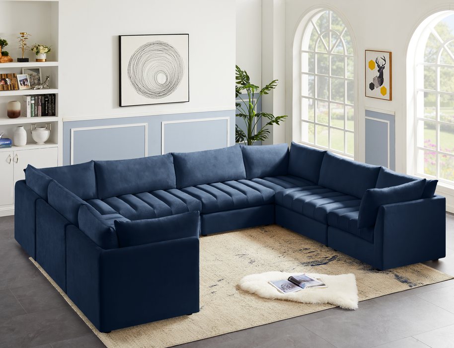 Meridian Furniture - Jacob 140" Navy Velvet Upholstered 8pc. Sectional - 649Navy-Sec8A - GreatFurnitureDeal