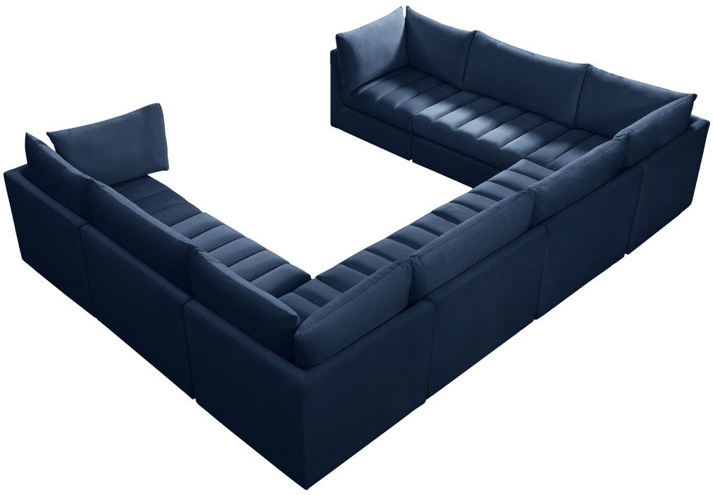 Meridian Furniture - Jacob 140" Navy Velvet Upholstered 8pc. Sectional - 649Navy-Sec8A - GreatFurnitureDeal