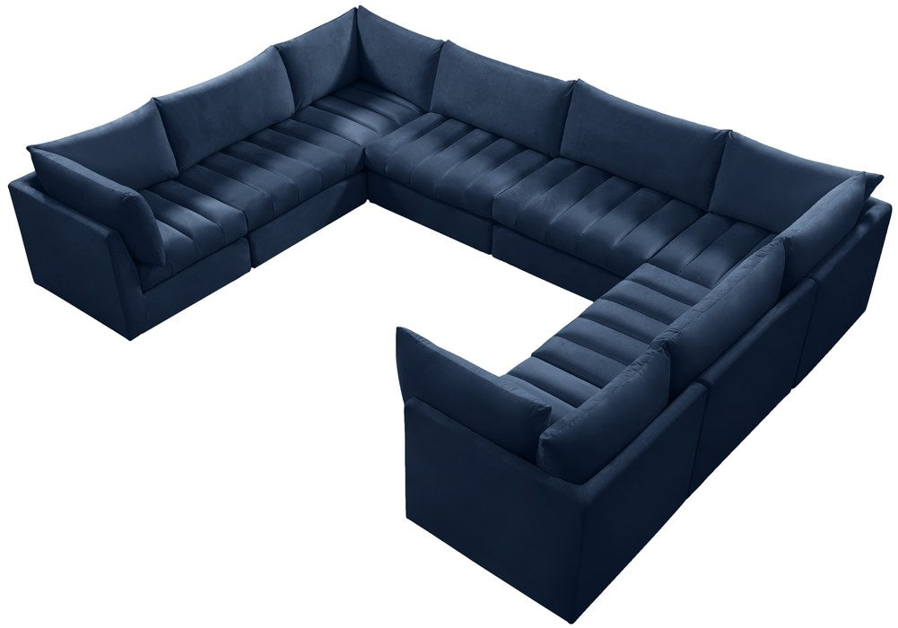 Meridian Furniture - Jacob 140" Navy Velvet Upholstered 8pc. Sectional - 649Navy-Sec8A - GreatFurnitureDeal