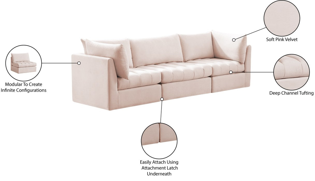 Meridian Furniture - Jacob 103" Pink Velvet Upholstered 3pc. Sofa - 649Pink-S103 - GreatFurnitureDeal