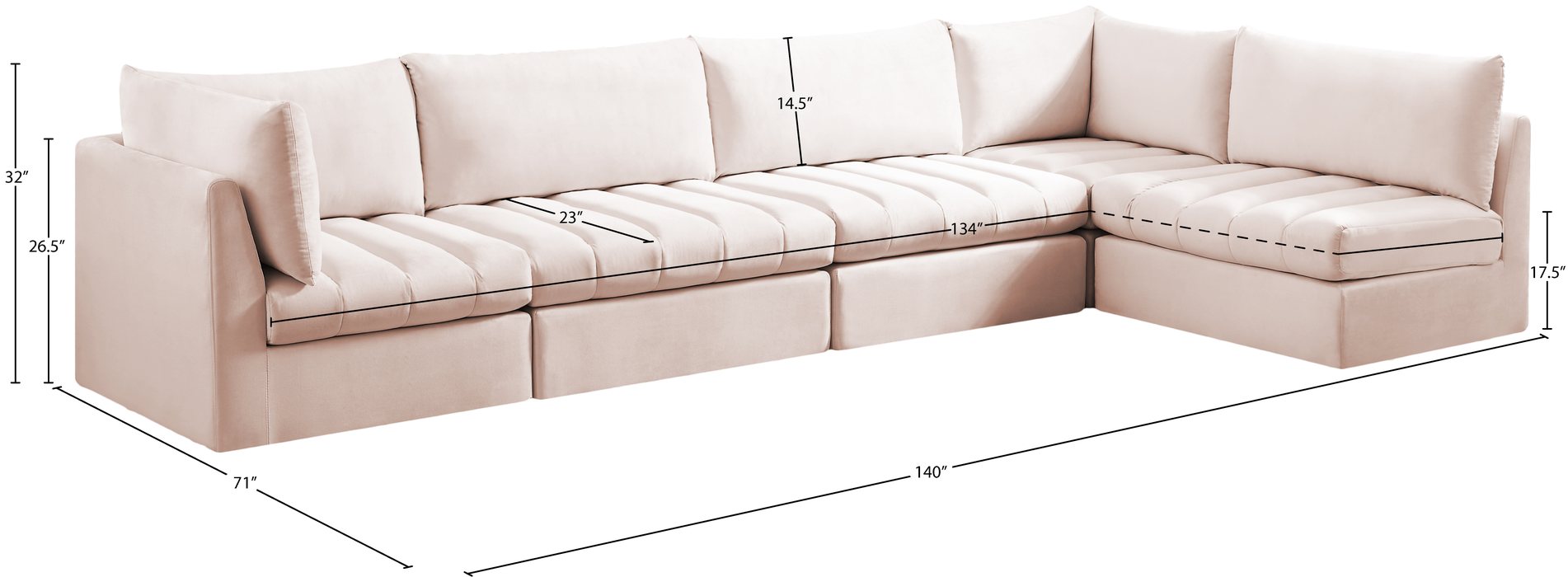 Meridian Furniture - Jacob 140" Pink Velvet Upholstered 5pc. Sectional - 649Pink-Sec5A - GreatFurnitureDeal