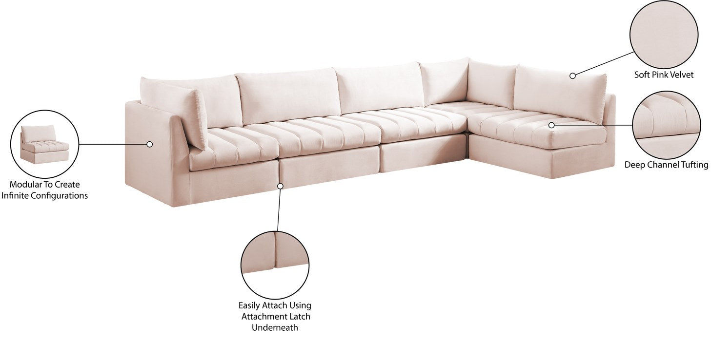 Meridian Furniture - Jacob 140" Pink Velvet Upholstered 5pc. Sectional - 649Pink-Sec5A - GreatFurnitureDeal
