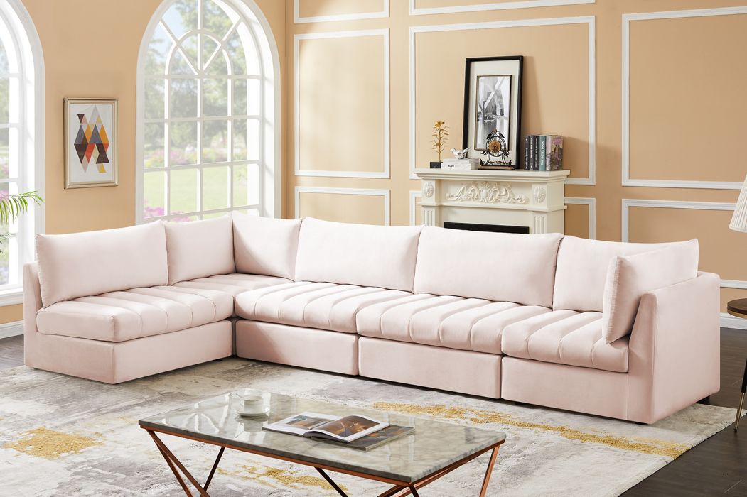 Meridian Furniture - Jacob 140" Pink Velvet Upholstered 5pc. Sectional - 649Pink-Sec5A - GreatFurnitureDeal