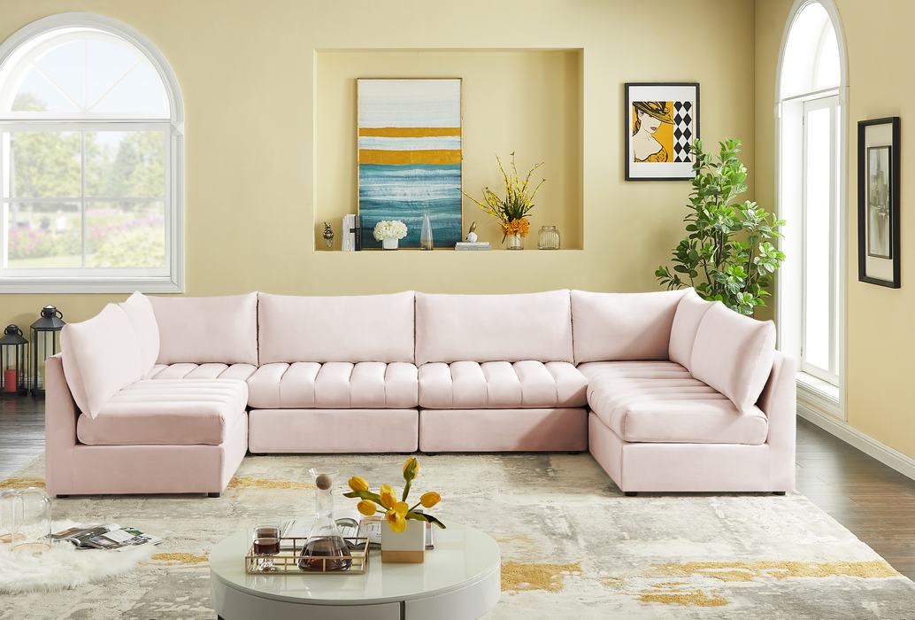 Meridian Furniture - Jacob 140" Pink Velvet Upholstered 6pc. Sectional - 649Pink-Sec6B - GreatFurnitureDeal