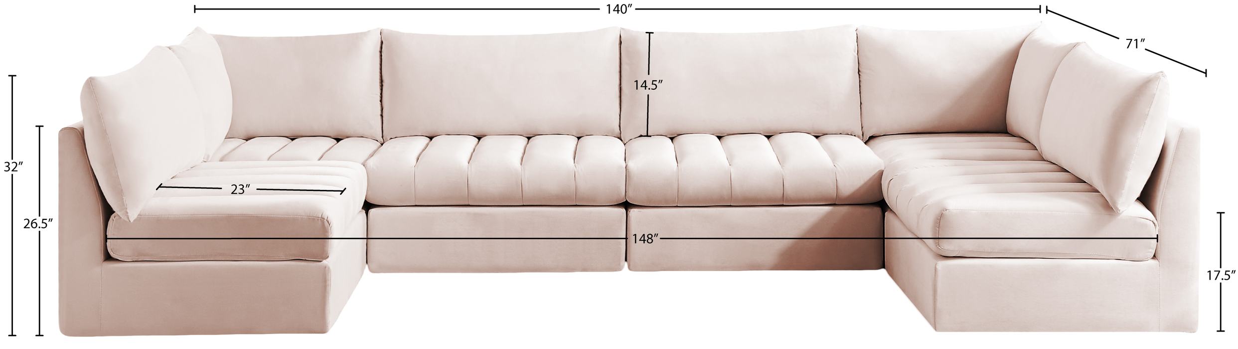 Meridian Furniture - Jacob 140" Pink Velvet Upholstered 6pc. Sectional - 649Pink-Sec6B - GreatFurnitureDeal