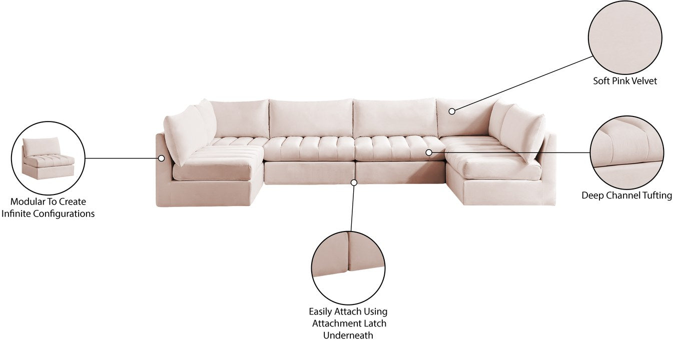 Meridian Furniture - Jacob 140" Pink Velvet Upholstered 6pc. Sectional - 649Pink-Sec6B - GreatFurnitureDeal