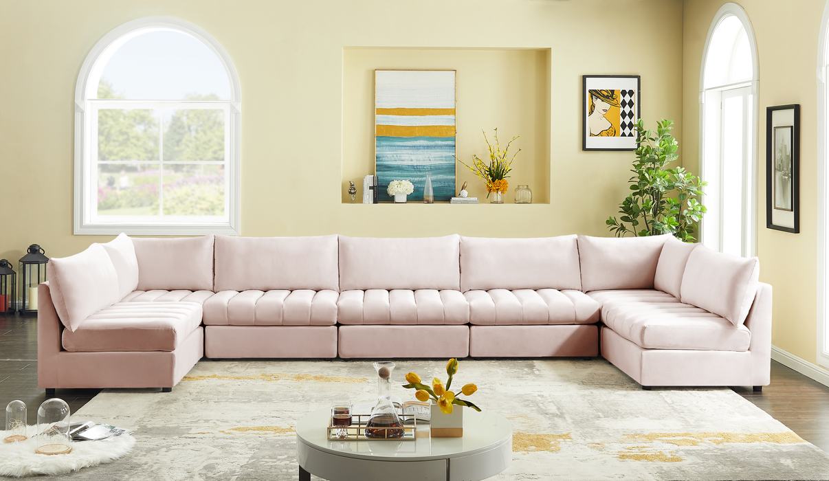 Meridian Furniture - Jacob 177" Pink Velvet Upholstered 7pc. Sectional - 649Pink-Sec7C - GreatFurnitureDeal
