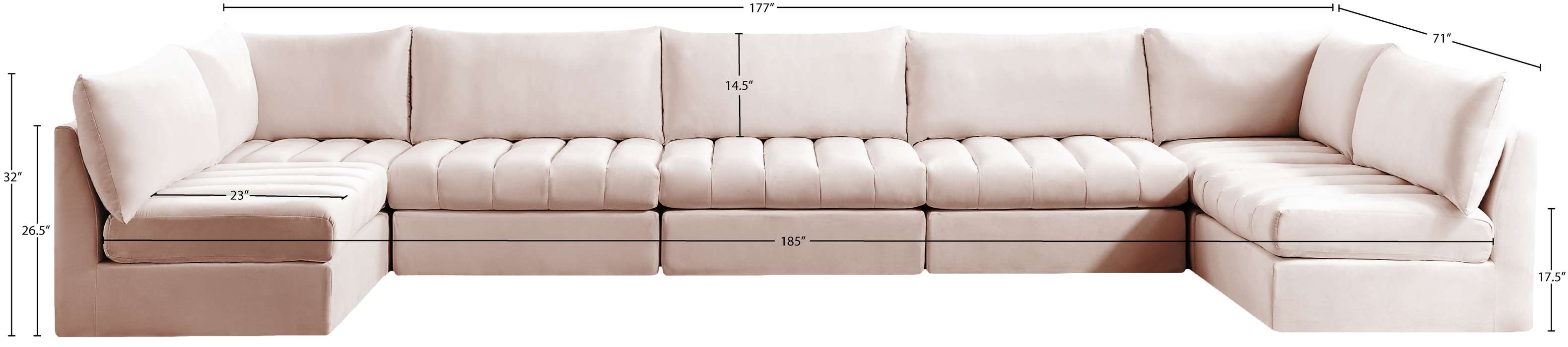 Meridian Furniture - Jacob 177" Pink Velvet Upholstered 7pc. Sectional - 649Pink-Sec7C - GreatFurnitureDeal