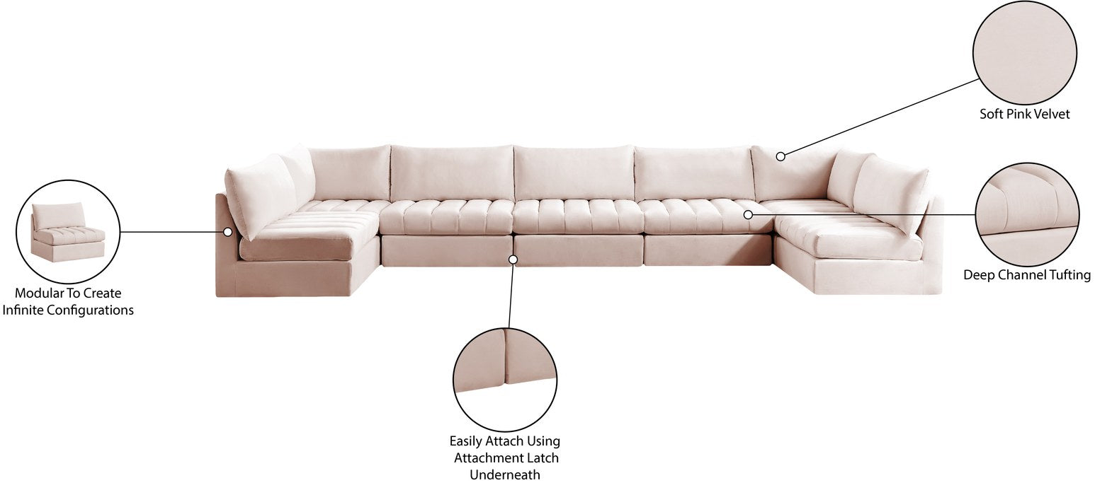 Meridian Furniture - Jacob 177" Pink Velvet Upholstered 7pc. Sectional - 649Pink-Sec7C - GreatFurnitureDeal
