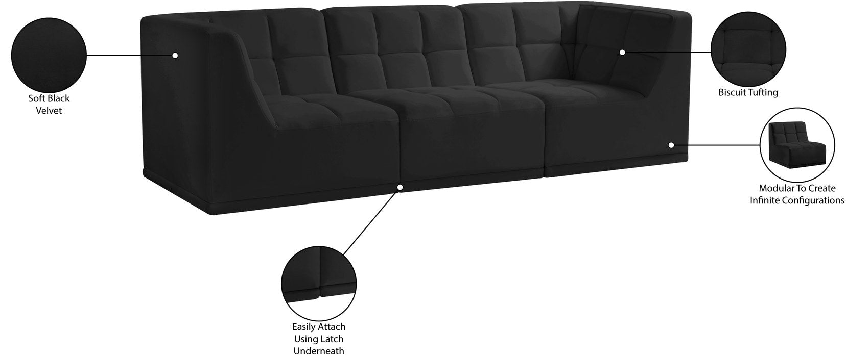 Meridian Furniture - Relax 98" Black Velvet Upholstered 3pc. Sofa - 650Black-S98 - GreatFurnitureDeal
