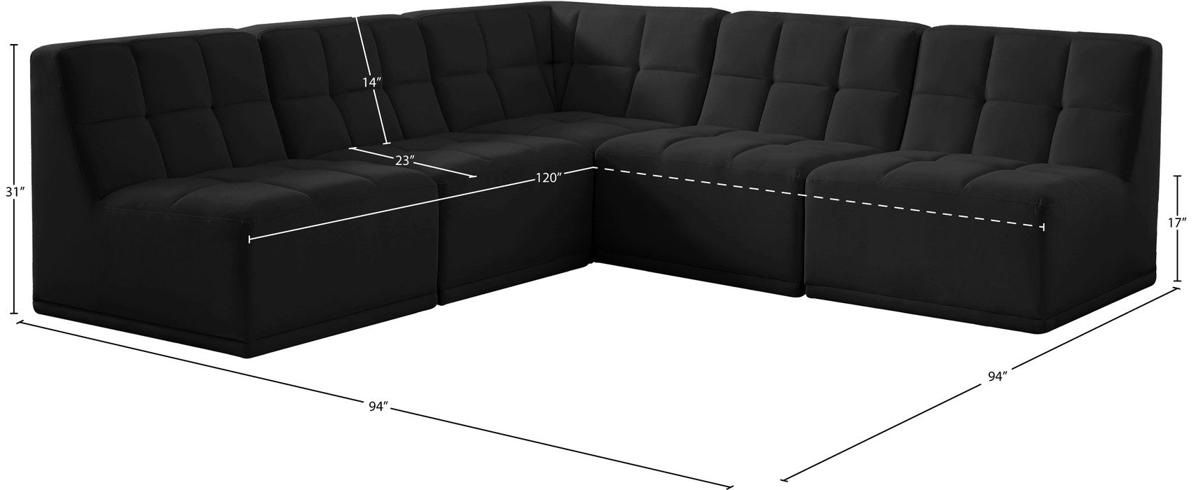 Meridian Furniture - Relax 94" Black Velvet Upholstered 5pc. Sectional - 650Black-Sec5C - GreatFurnitureDeal