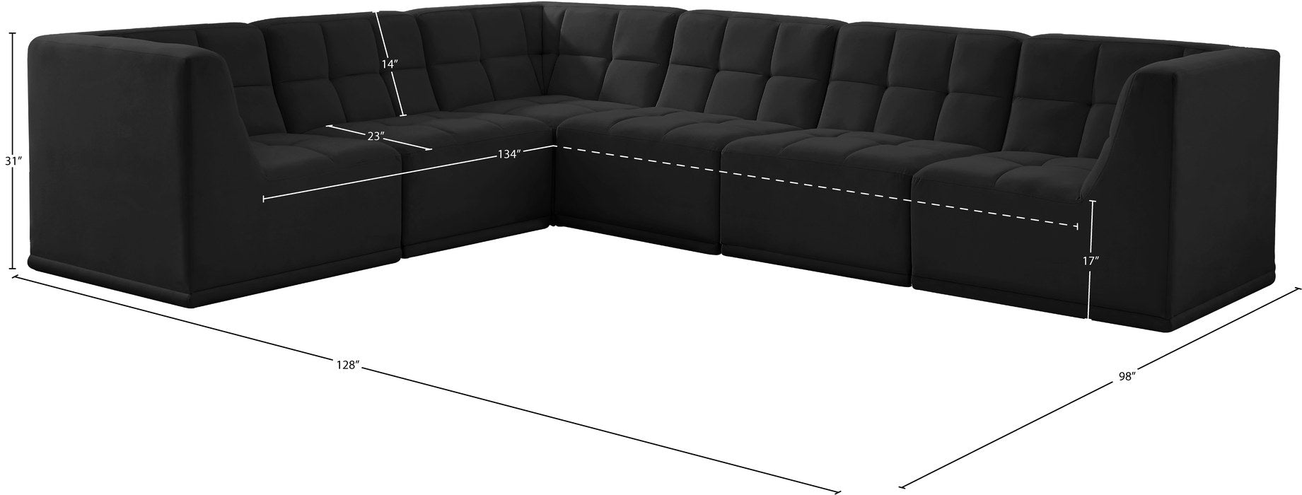 Meridian Furniture - Relax 128" Black Velvet Upholstered 6pc. Sectional - 650Black-Sec6A - GreatFurnitureDeal