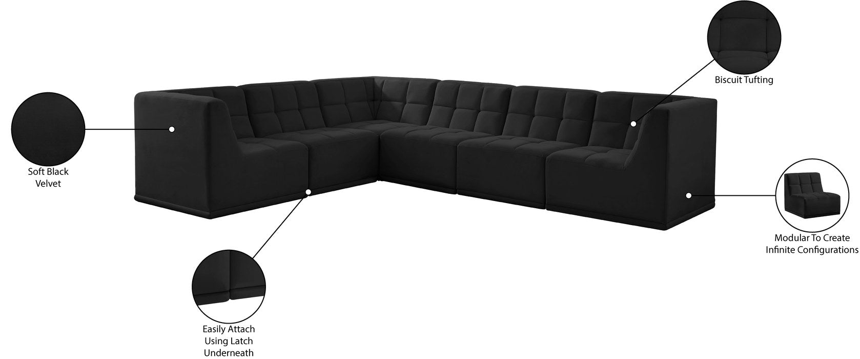 Meridian Furniture - Relax 128" Black Velvet Upholstered 6pc. Sectional - 650Black-Sec6A - GreatFurnitureDeal