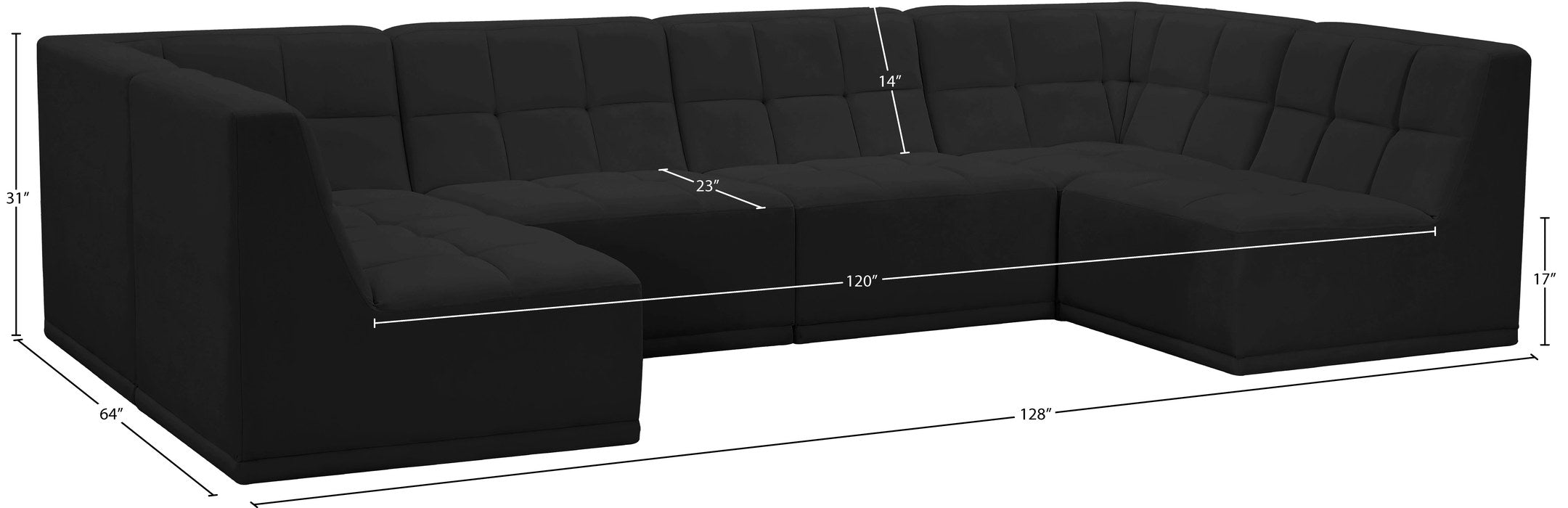 Meridian Furniture - Relax 128" Black Velvet Upholstered 6pc. Sectional - 650Black-Sec6B - GreatFurnitureDeal