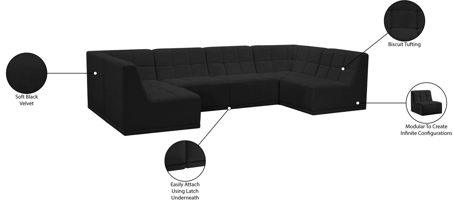 Meridian Furniture - Relax 128" Black Velvet Upholstered 6pc. Sectional - 650Black-Sec6B - GreatFurnitureDeal