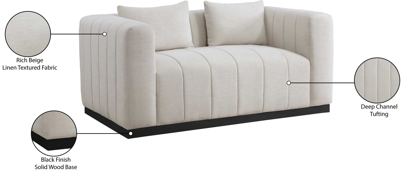 Meridian Furniture - Lucia 67" Beige Linen Textured Fabric Upholstered Loveseat - 655Beige-L - GreatFurnitureDeal