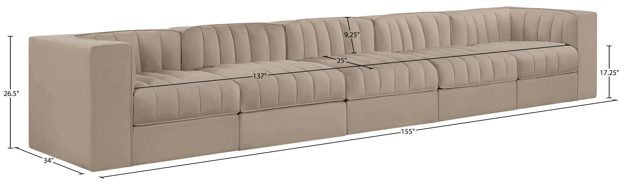 Meridian Furniture - Rummi Beige Velvet Performance Fabric Upholstered 5pc. Sofa - 660Beige-S155 - GreatFurnitureDeal
