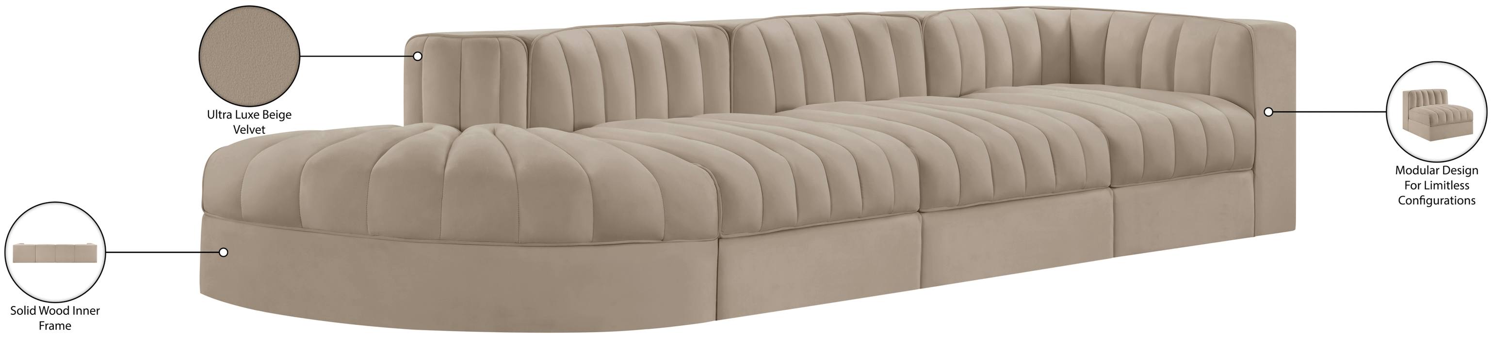 Meridian Furniture - Rummi Beige Velvet Performance Fabric Upholstered 4pc. Sectional - 660Beige-Sec4D - GreatFurnitureDeal