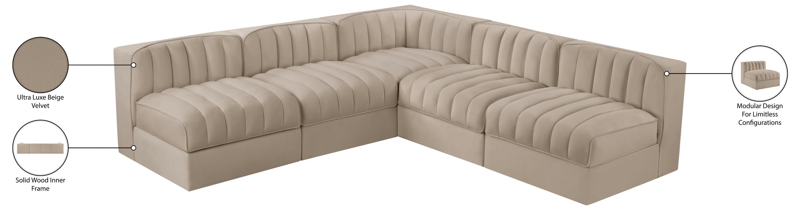 Meridian Furniture - Rummi Beige Velvet Performance Fabric Upholstered 5pc. Sectional - 660Beige-Sec5A - GreatFurnitureDeal