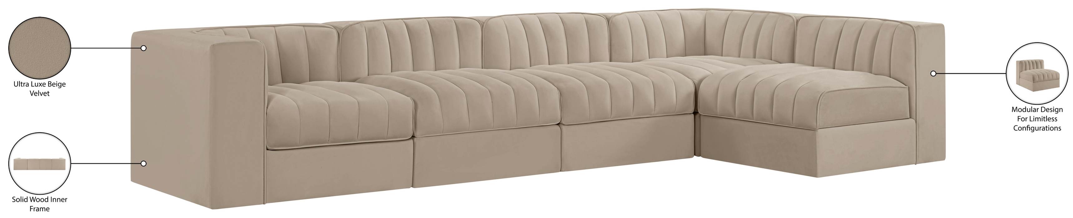 Meridian Furniture - Rummi Beige Velvet Performance Fabric Upholstered 5pc. Sectional - 660Beige-Sec5E - GreatFurnitureDeal