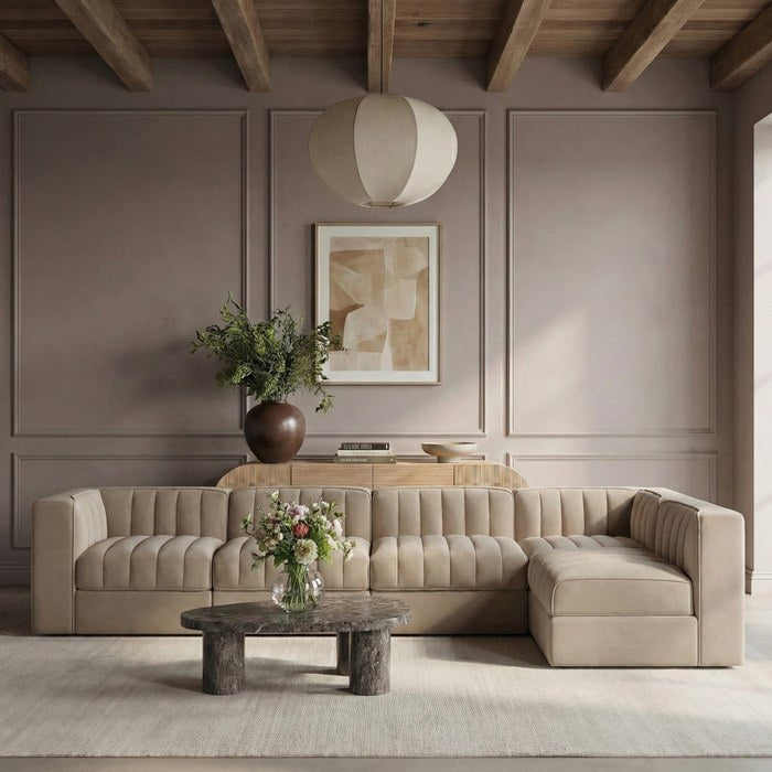 Meridian Furniture - Rummi Beige Velvet Performance Fabric Upholstered 5pc. Sectional - 660Beige-Sec5E - GreatFurnitureDeal