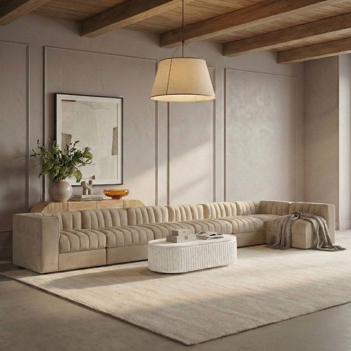 Meridian Furniture - Rummi Beige Velvet Performance Fabric Upholstered 7pc. Sectional - 660Beige-Sec7D - GreatFurnitureDeal