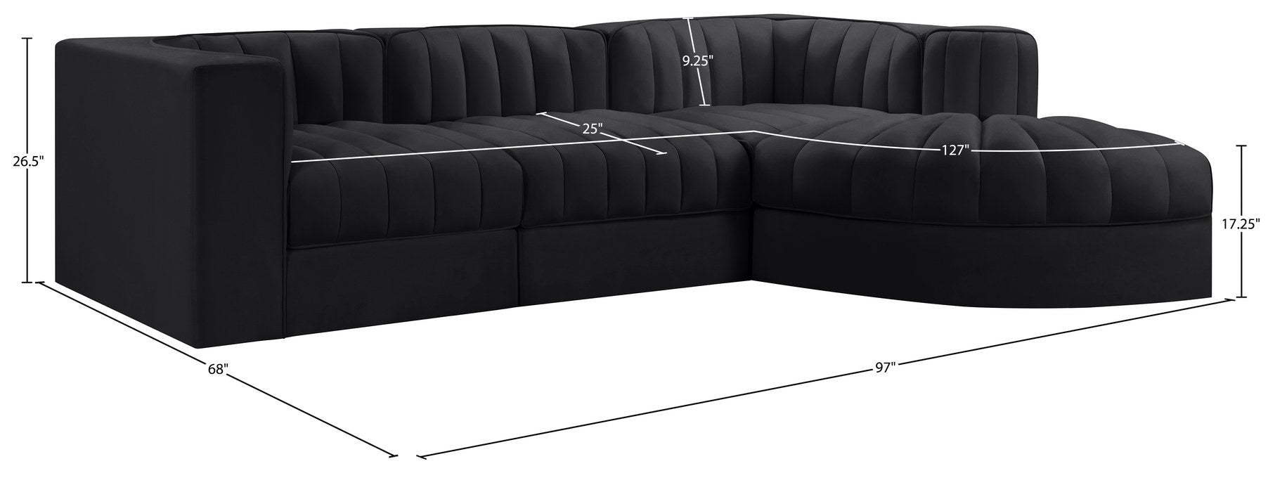 Meridian Furniture - Rummi Black Velvet Performance Fabric Upholstered 4pc. Sectional - 660Black-Sec4C - GreatFurnitureDeal