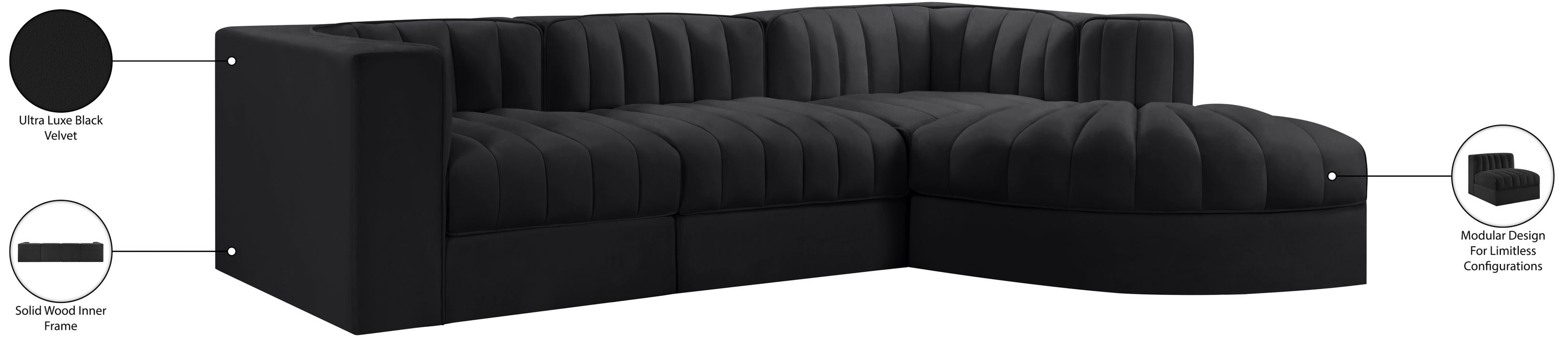 Meridian Furniture - Rummi Black Velvet Performance Fabric Upholstered 4pc. Sectional - 660Black-Sec4C - GreatFurnitureDeal