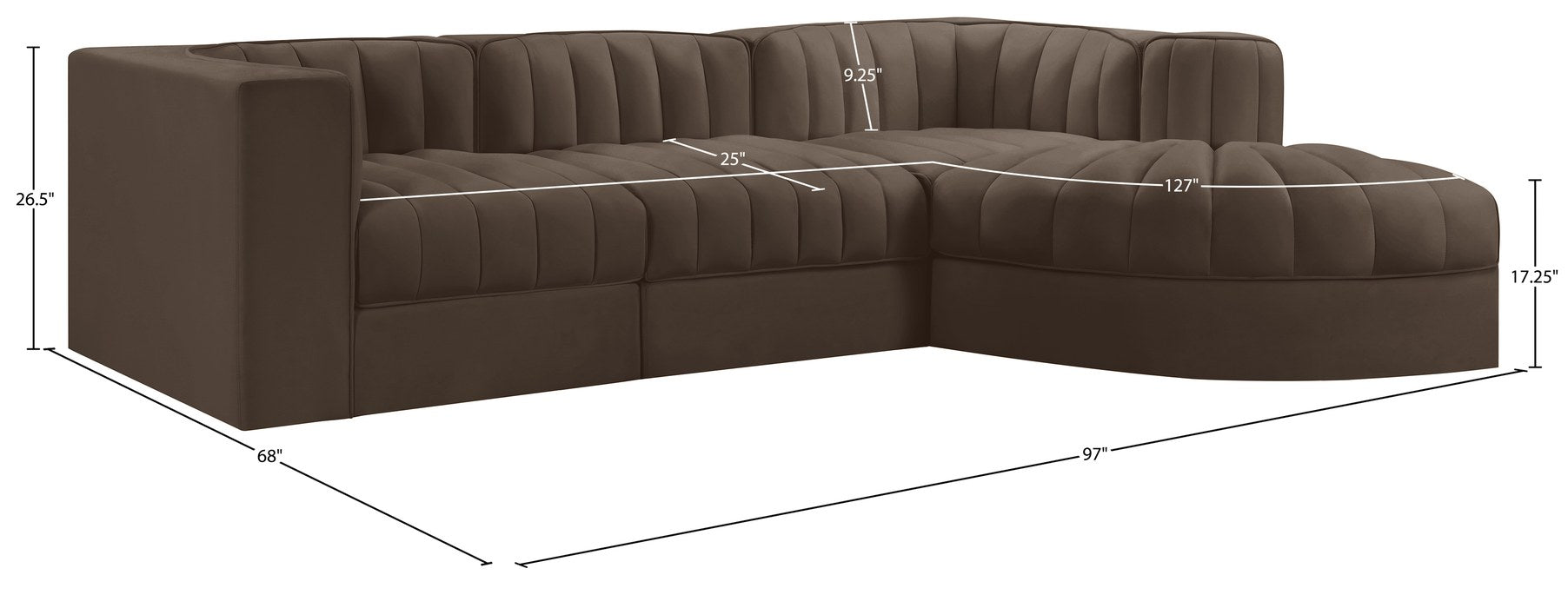 Meridian Furniture - Rummi Brown Velvet Performance Fabric Upholstered 4pc. Sectional - 660Brown-Sec4C - GreatFurnitureDeal