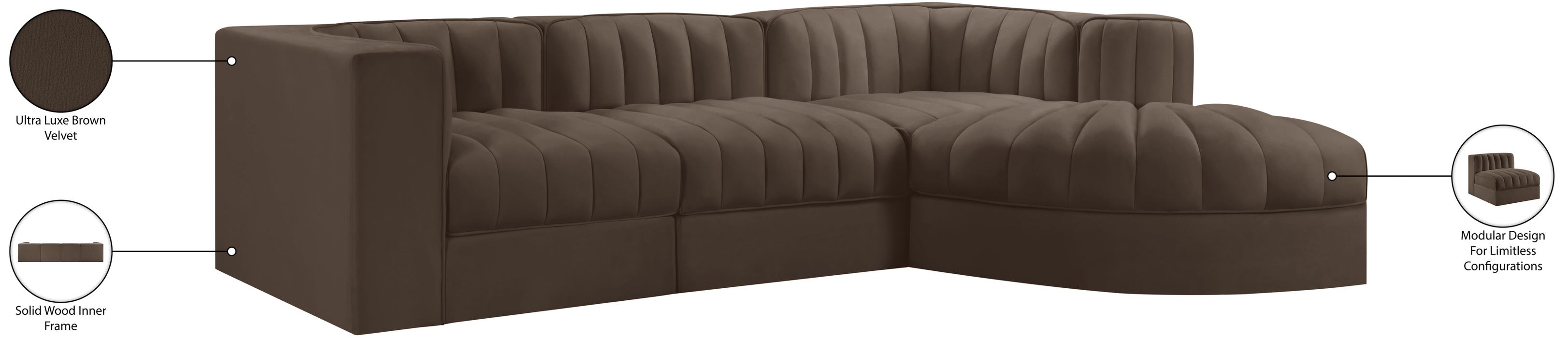 Meridian Furniture - Rummi Brown Velvet Performance Fabric Upholstered 4pc. Sectional - 660Brown-Sec4C - GreatFurnitureDeal