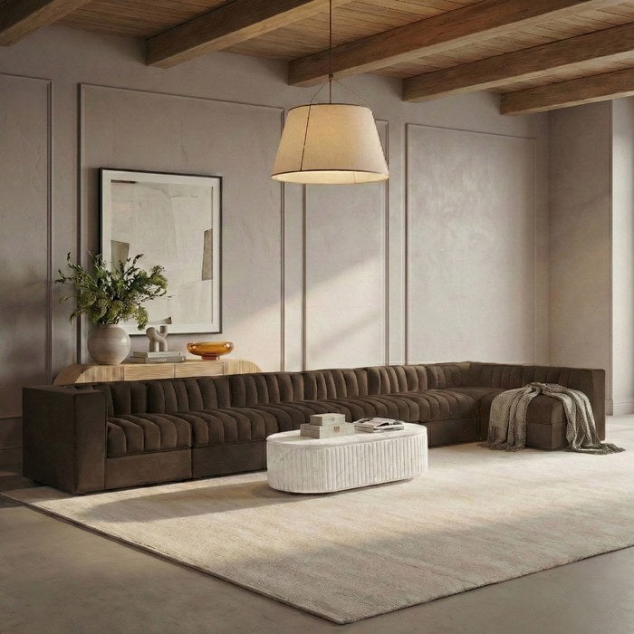 Meridian Furniture - Rummi Brown Velvet Performance Fabric Upholstered 7pc. Sectional - 660Brown-Sec7D - GreatFurnitureDeal
