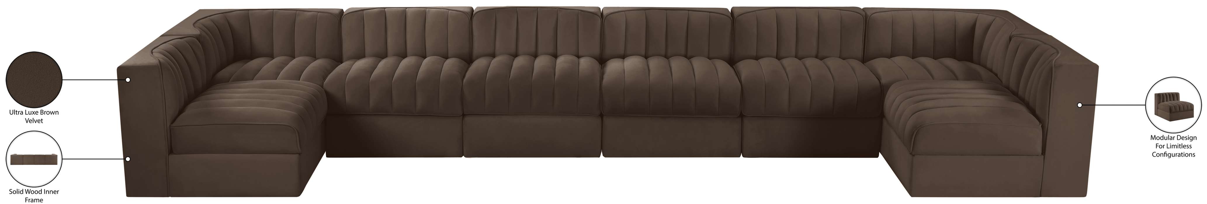 Meridian Furniture - Rummi Brown Velvet Performance Fabric Upholstered 8pc. Sectional - 660Brown-Sec8A - GreatFurnitureDeal