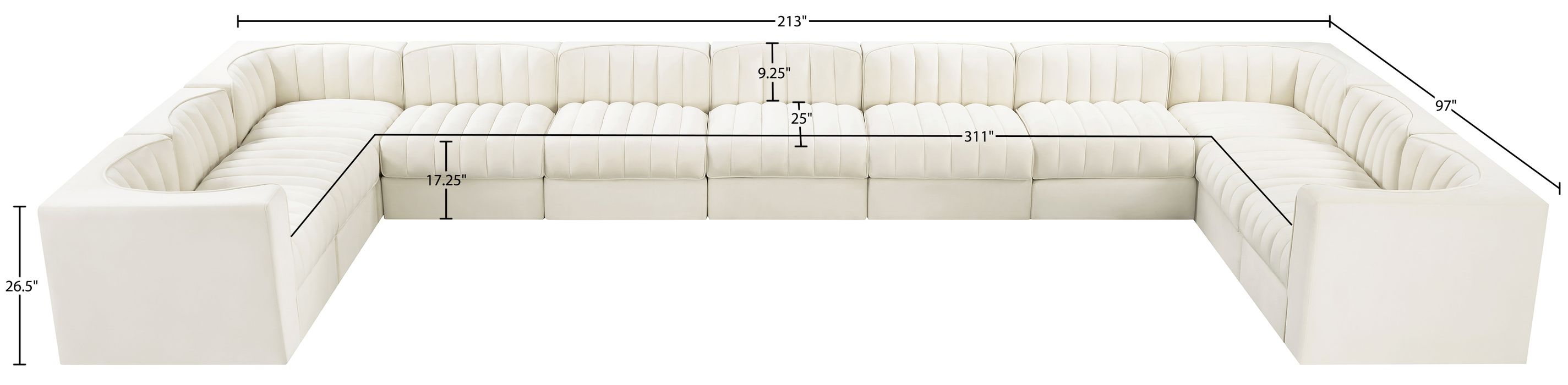 Meridian Furniture - Rummi Cream Velvet Performance Fabric Upholstered 11pc. Sectional - 660Cream-Sec11A - GreatFurnitureDeal