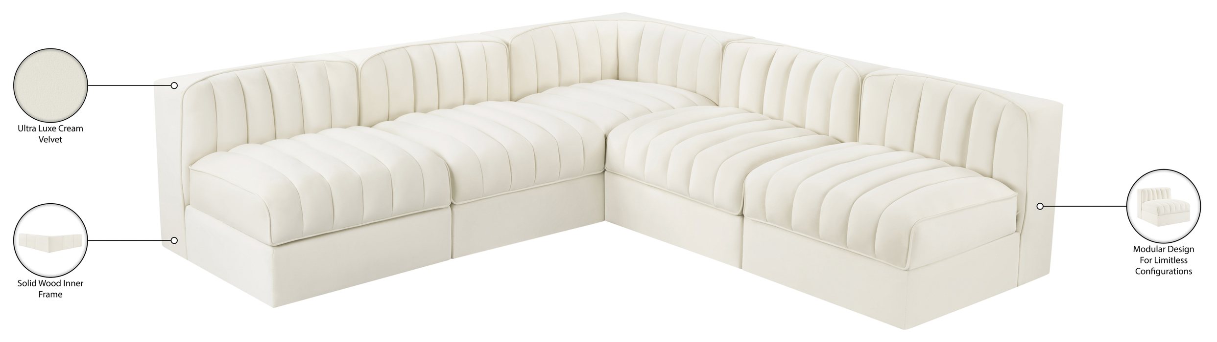 Meridian Furniture - Rummi Cream Velvet Performance Fabric Upholstered 5pc. Sectional - 660Cream-Sec5A - GreatFurnitureDeal