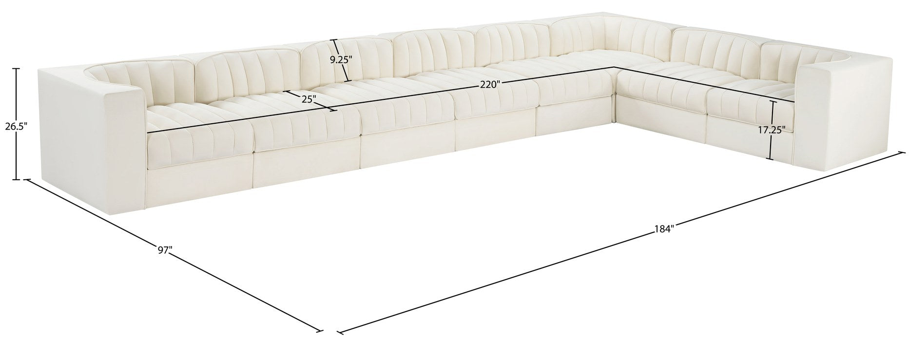 Meridian Furniture - Rummi Cream Velvet Performance Fabric Upholstered 8pc. Sectional - 660Cream-Sec8C - GreatFurnitureDeal