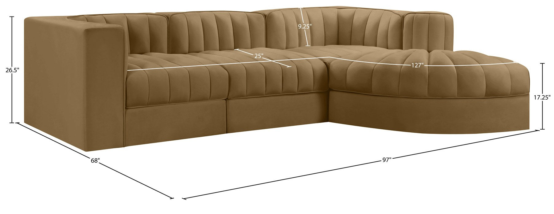 Meridian Furniture - Rummi Saddle Velvet Performance Fabric Upholstered 4pc. Sectional - 660Saddle-Sec4C - GreatFurnitureDeal