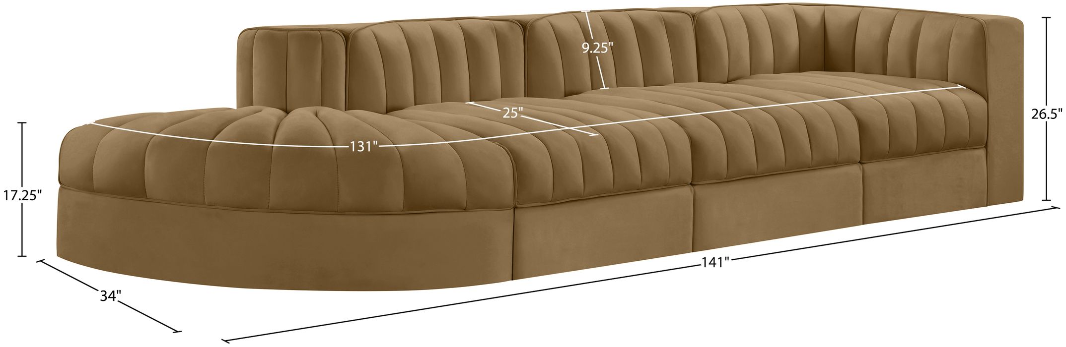 Meridian Furniture - Rummi Saddle Velvet Performance Fabric Upholstered 4pc. Sectional - 660Saddle-Sec4D - GreatFurnitureDeal