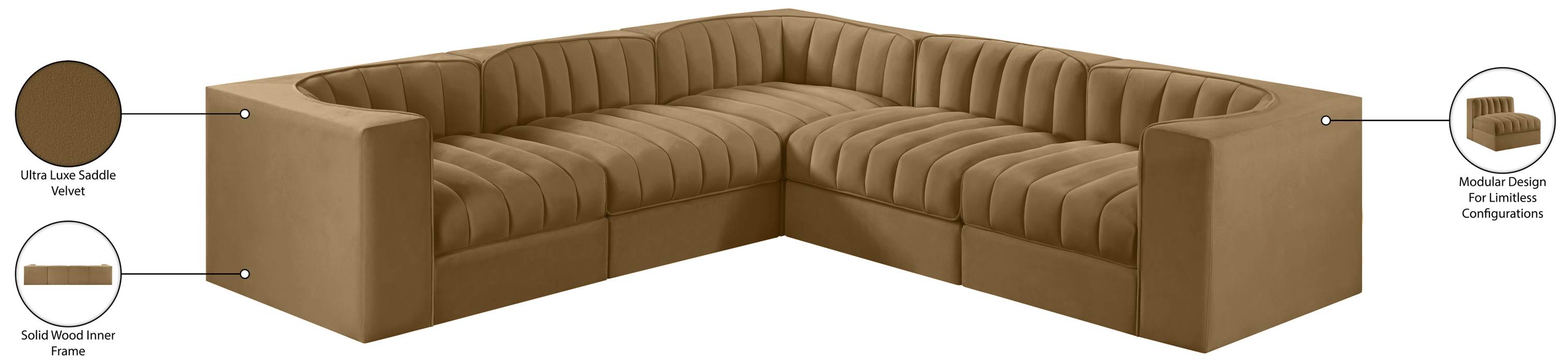 Meridian Furniture - Rummi Saddle Velvet Performance Fabric Upholstered 5pc. Sectional - 660Saddle-Sec5B - GreatFurnitureDeal