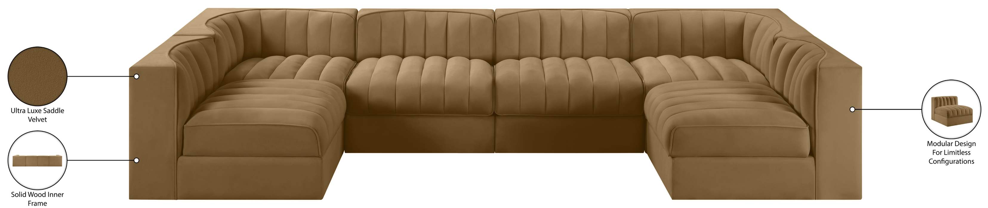 Meridian Furniture - Rummi Saddle Velvet Performance Fabric Upholstered 6pc. Sectional - 660Saddle-Sec6A - GreatFurnitureDeal
