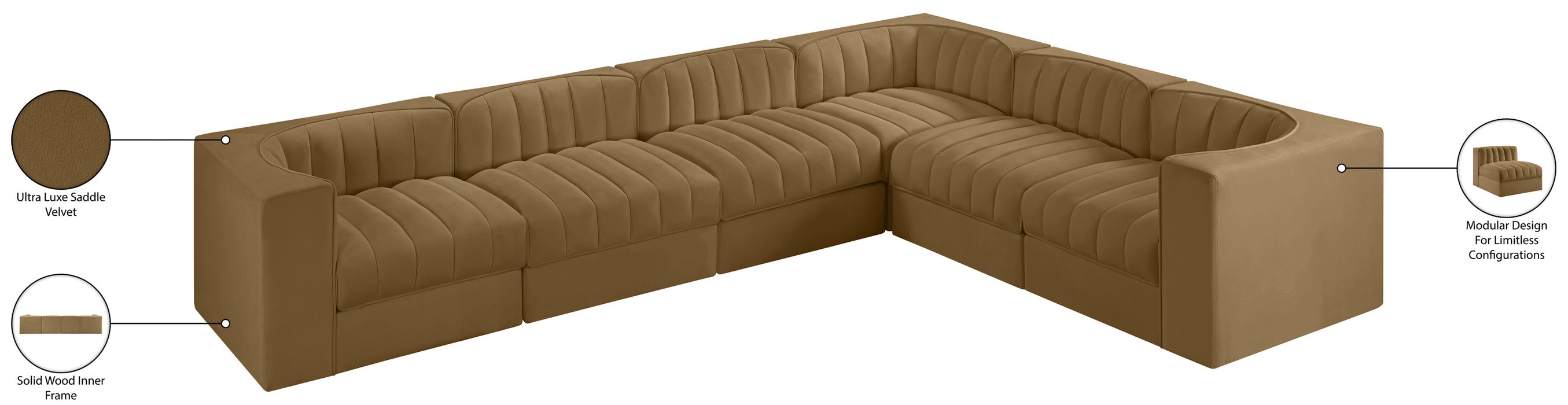 Meridian Furniture - Rummi Saddle Velvet Performance Fabric Upholstered 6pc. Sectional - 660Saddle-Sec6D - GreatFurnitureDeal