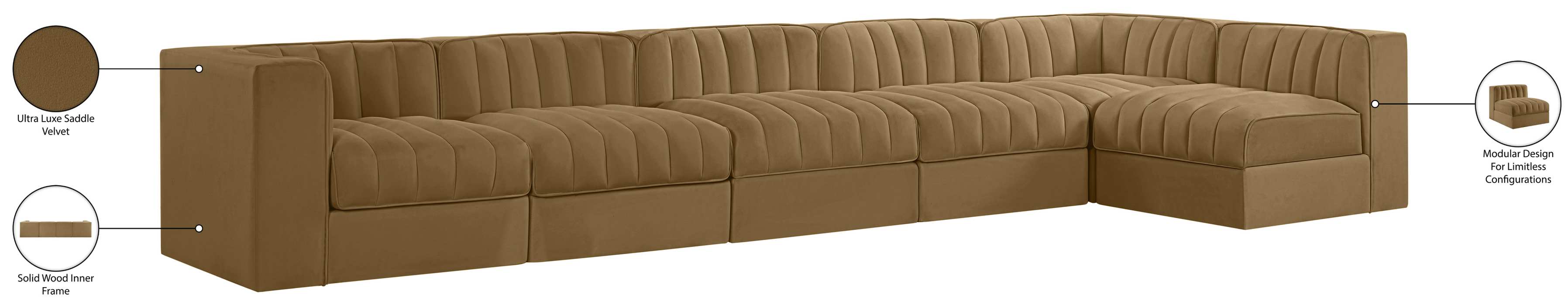 Meridian Furniture - Rummi Saddle Velvet Performance Fabric Upholstered 6pc. Sectional - 660Saddle-Sec6E - GreatFurnitureDeal