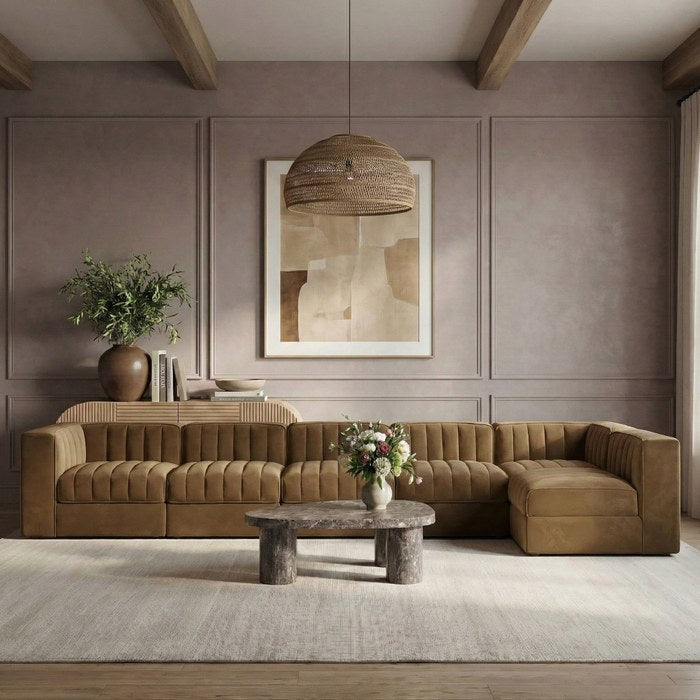 Meridian Furniture - Rummi Saddle Velvet Performance Fabric Upholstered 6pc. Sectional - 660Saddle-Sec6E - GreatFurnitureDeal