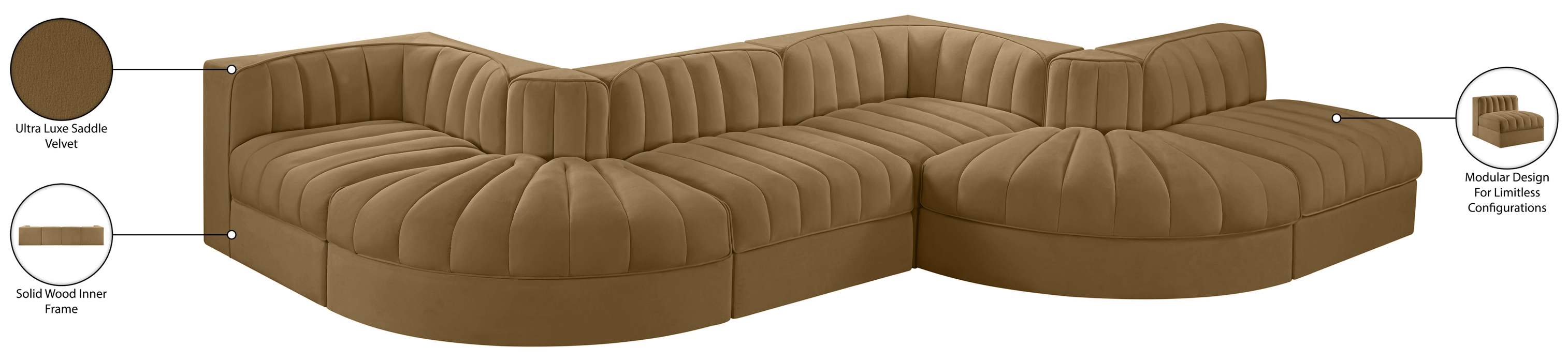 Meridian Furniture - Rummi Saddle Velvet Performance Fabric Upholstered 6pc. Sectional - 660Saddle-Sec6F - GreatFurnitureDeal
