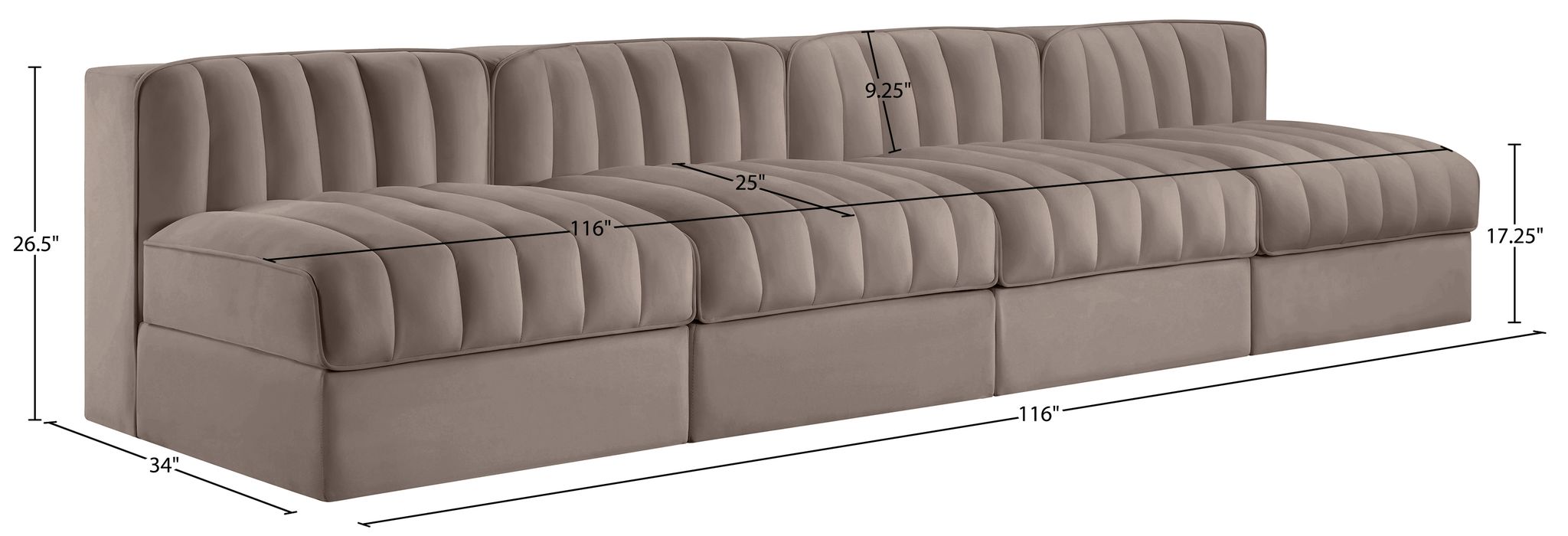 Meridian Furniture - Rummi Taupe Velvet Performance Fabric Upholstered 4pc. Sofa - 660Taupe-S116 - GreatFurnitureDeal