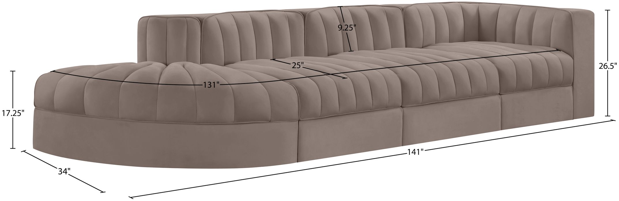 Meridian Furniture - Rummi Taupe Velvet Performance Fabric Upholstered 4pc. Sectional - 660Taupe-Sec4D - GreatFurnitureDeal