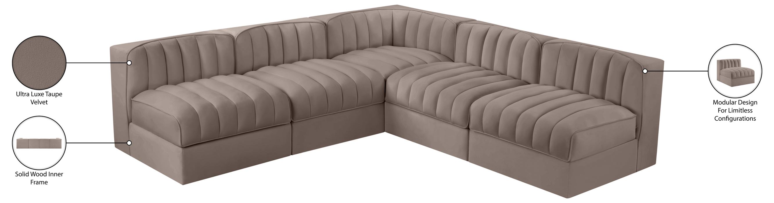 Meridian Furniture - Rummi Taupe Velvet Performance Fabric Upholstered 5pc. Sectional - 660Taupe-Sec5A - GreatFurnitureDeal